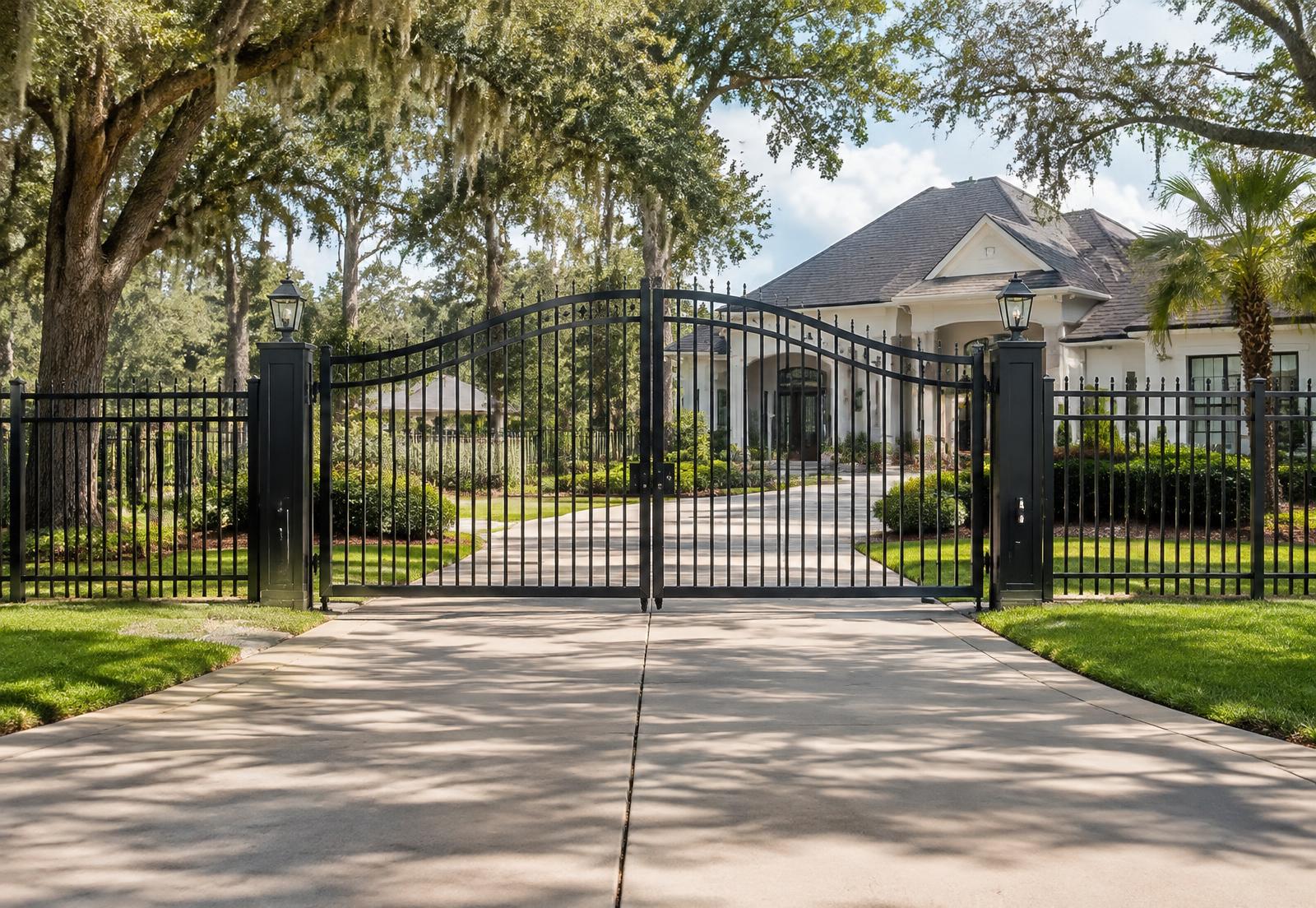 Black aluminum fence with double driveway gate