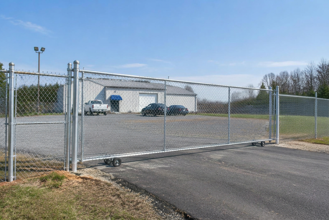 Chain link fence and rolling gate at a commercial lot
