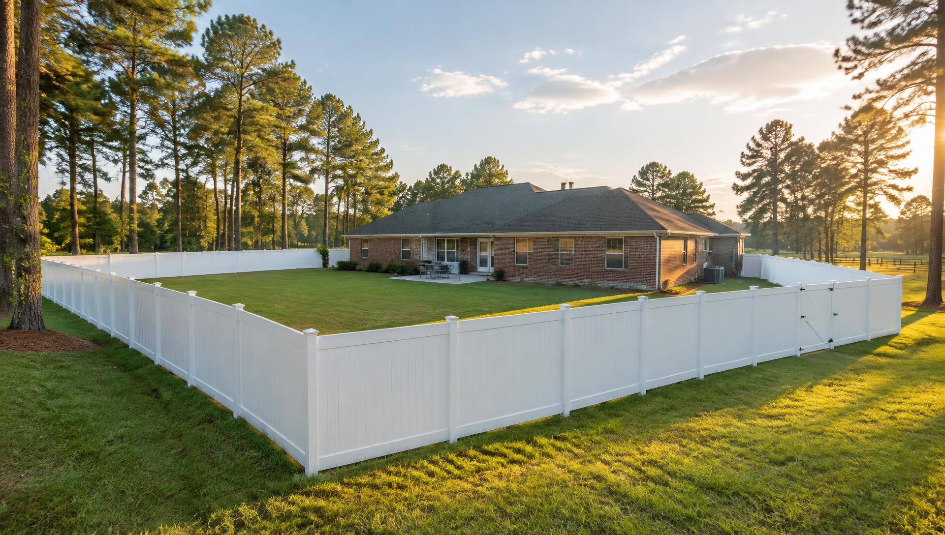 White vinyl privacy fence installed around a brick home in North Carolina