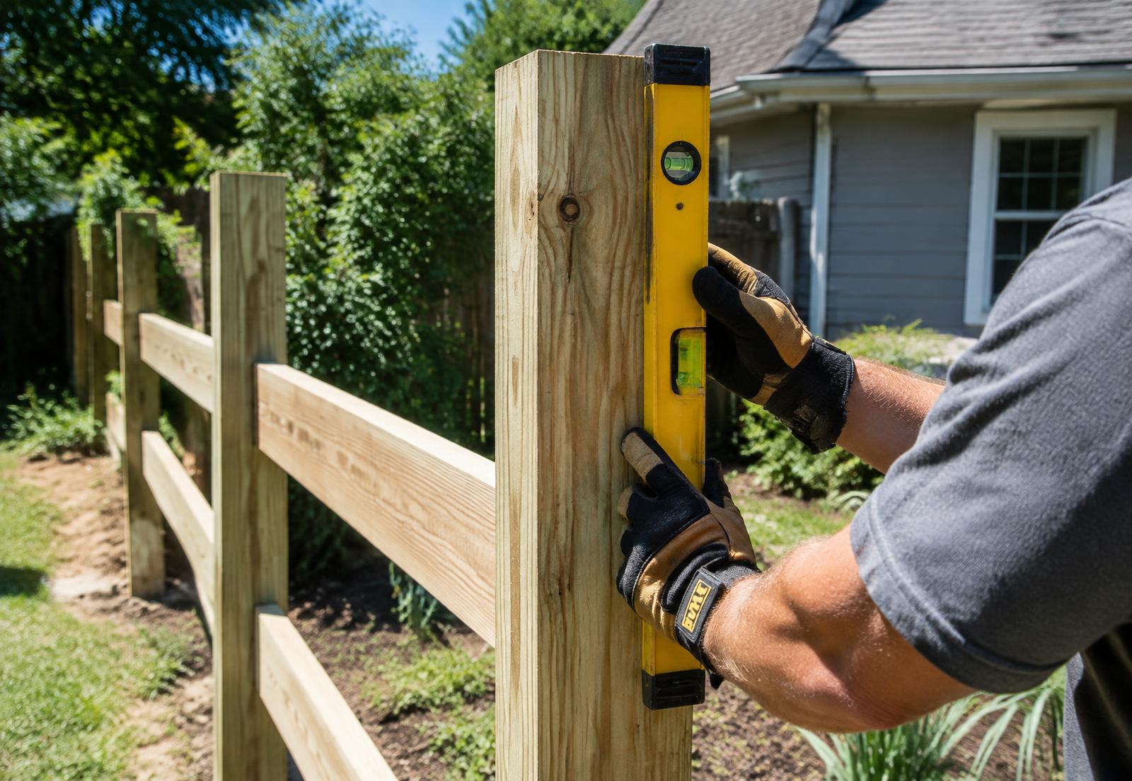 Installer leveling a new wooden fence post