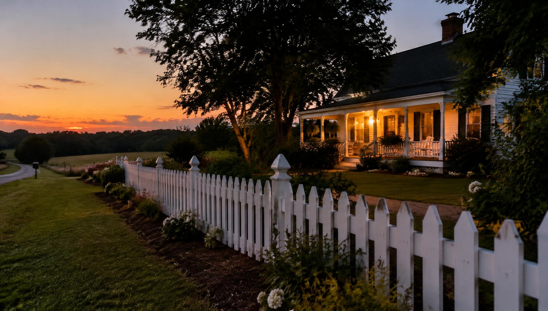 White picket fence in front of a farmhouse at dusk